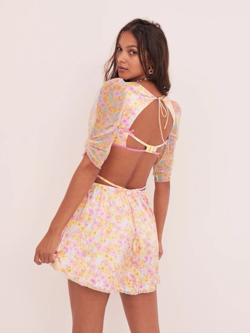 For Love & Lemons Yellow Pink Floral Two-Piece Skirt Set - Picture 2 of 5